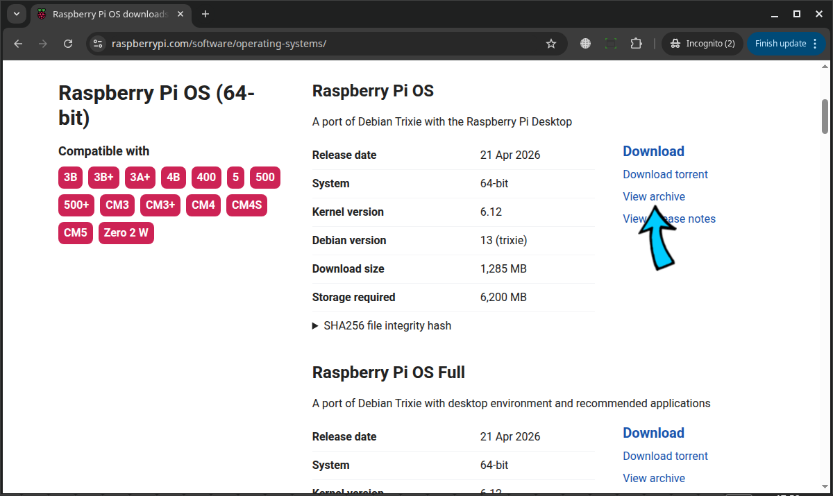 下載舊版 Raspberry Pi OS